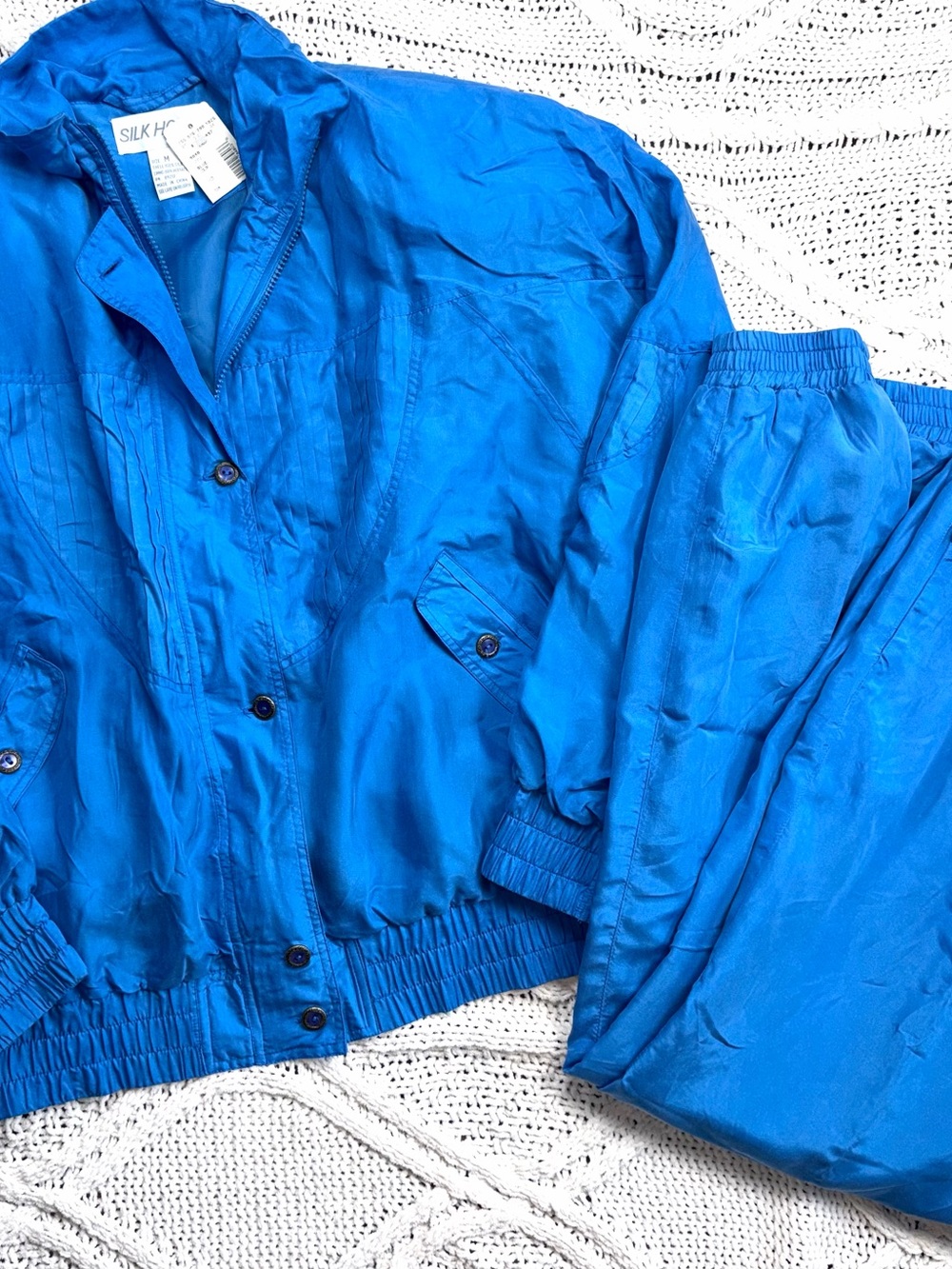 VTG Silk House 100% Silk Tracksuit NWT Medium Blue 2 Piece Bomber Pants Set 90s
